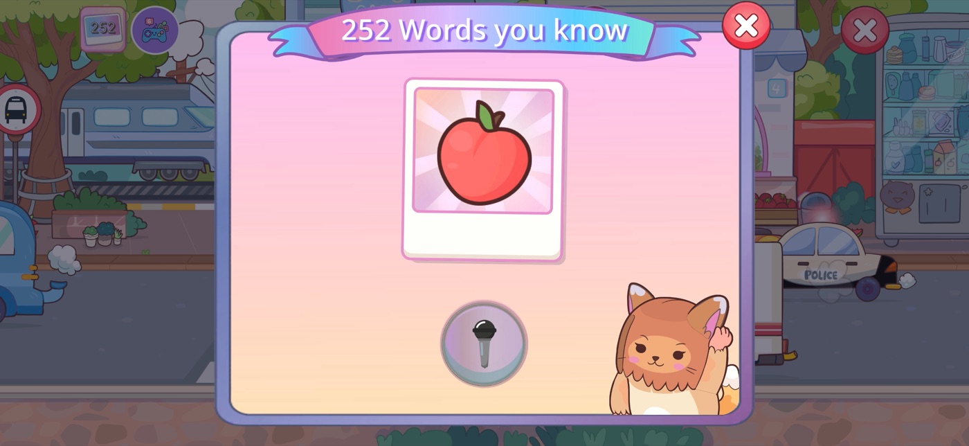 Nativik speaking practice screen where a child says the word apple with microphone support